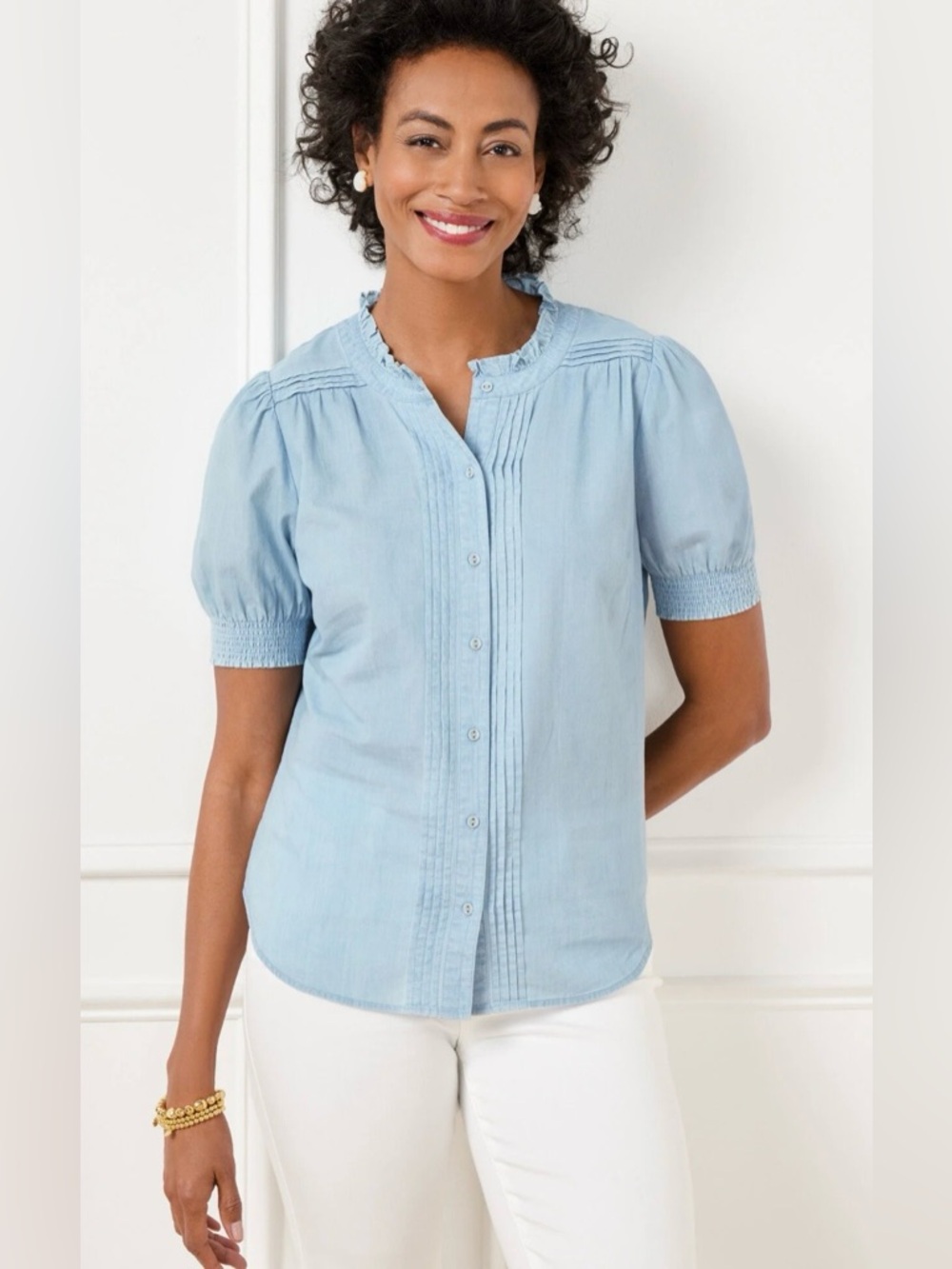 Talbots Stitch Pleat Cotton Chambray Top